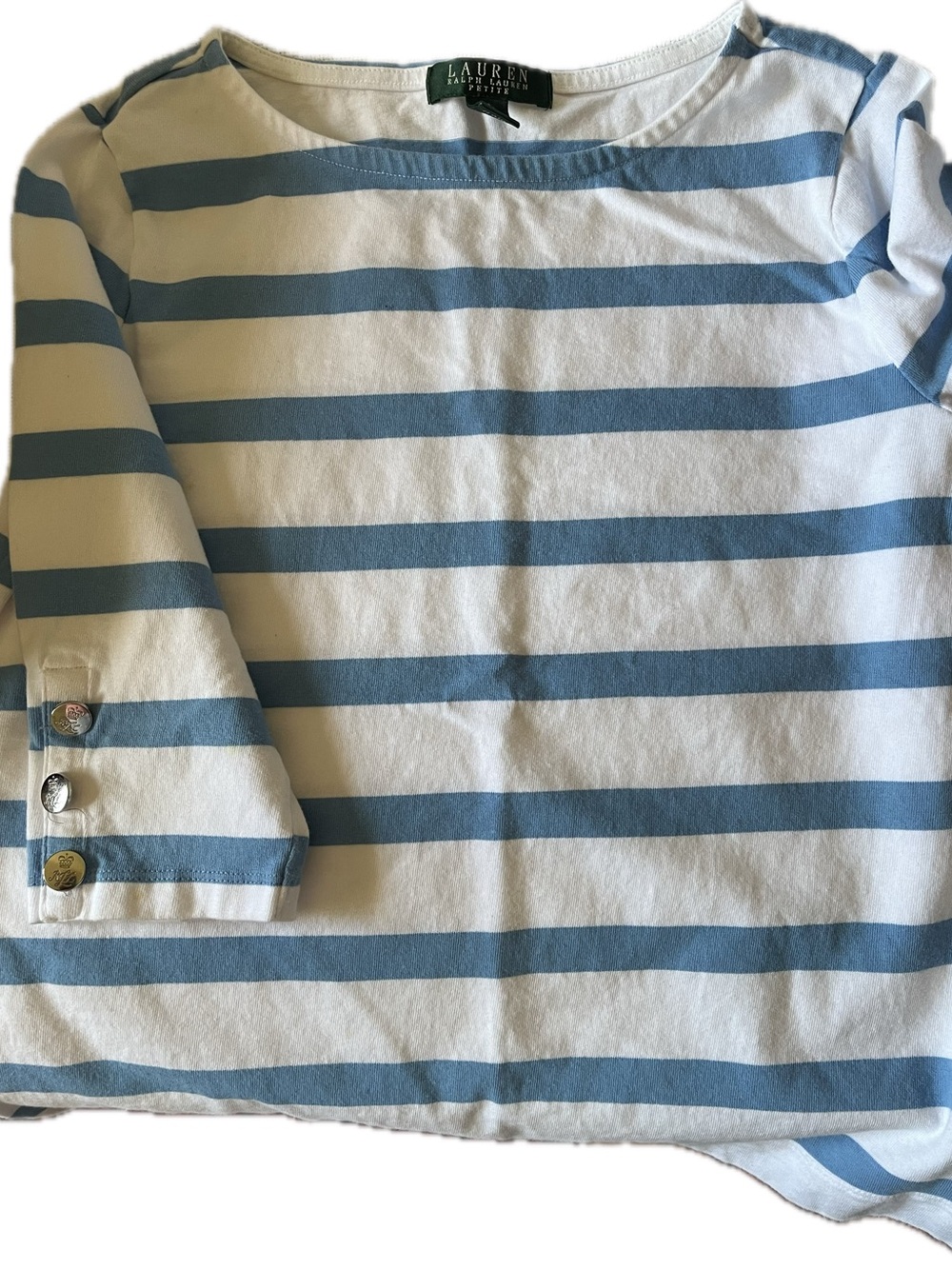 Lauren Ralph Lauren White and Light Blue Striped Long Sleeve Tee